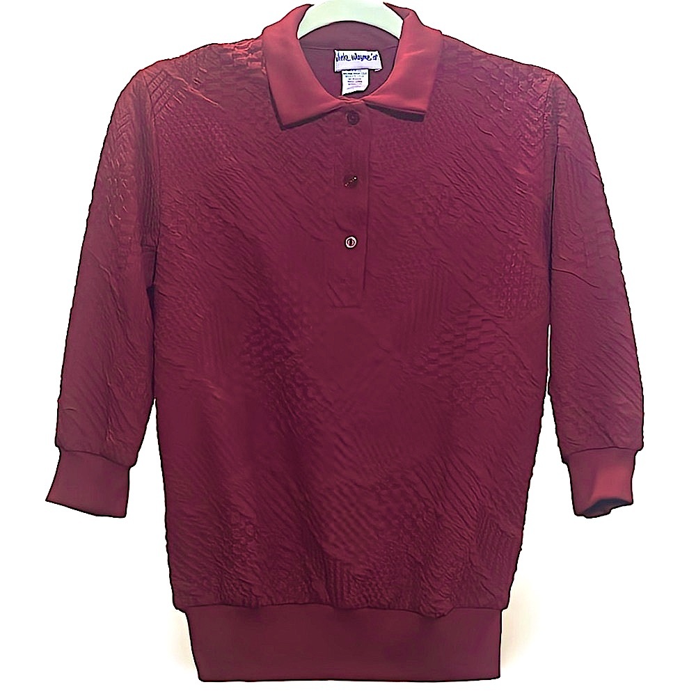 Vintage Textured Knitted Polo Shirt Wine Red Small